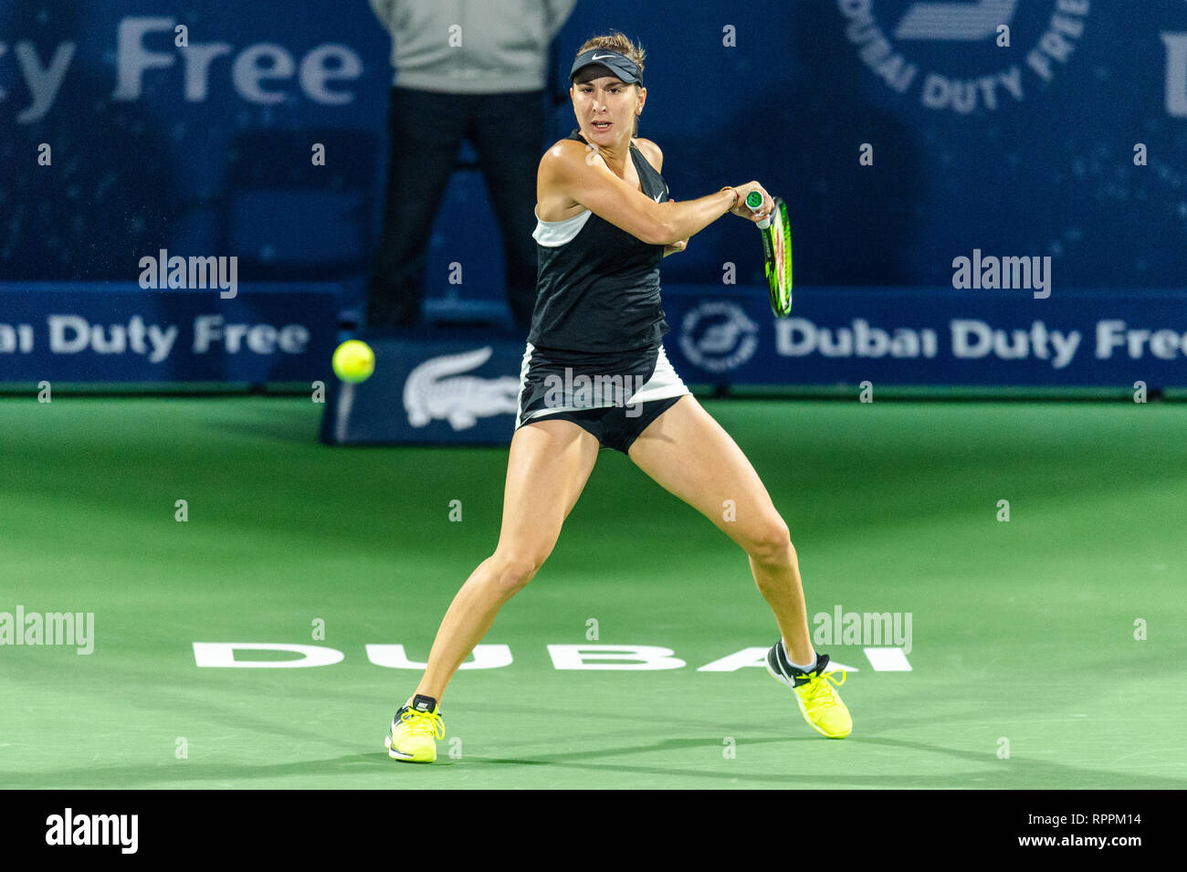 Dubai, UAE. 22nd Feb 2019.Belinda Bencic of Switzerland in action in the  semi final match against Elina Svitolina of Ukraine during the Dubai Duty  Free Tennis Championship at the Dubai International Tennis