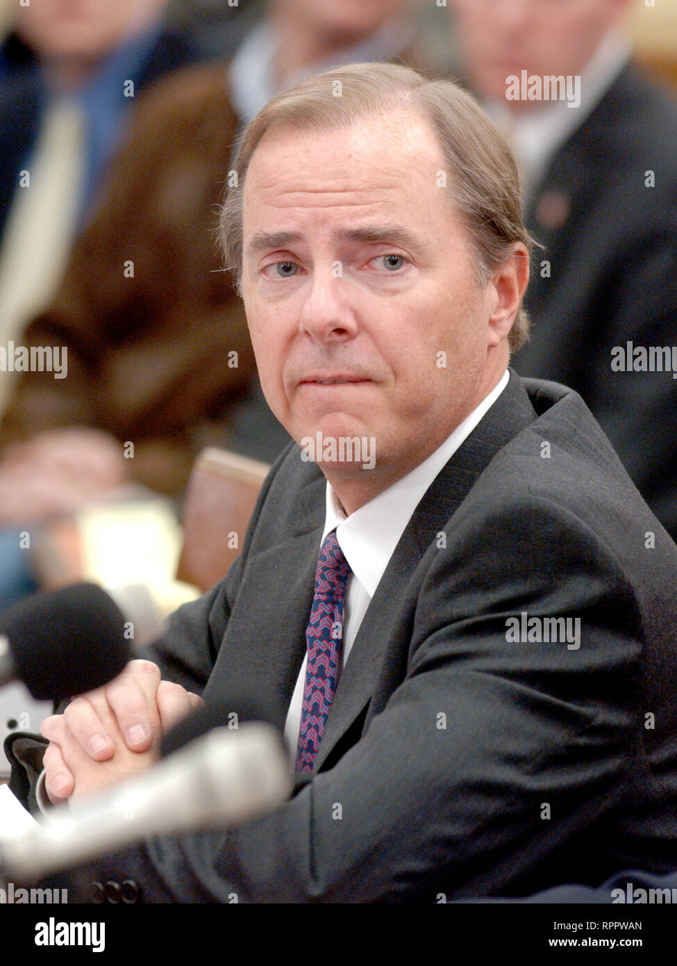 Washington, DC - February 7, 2002 --Jeffrey K. Skilling, former President and CEO; Enron Corporation, nervously awaits his being sworn-in to testify before a hearing of the United States House of Representatives Energy and Commerce Subcommittee on Oversight and Investigations on 'The Financial Collapse of the Enron Corporation'.Credit: Ron Sachs/CNP | usage worldwide Stock Photo