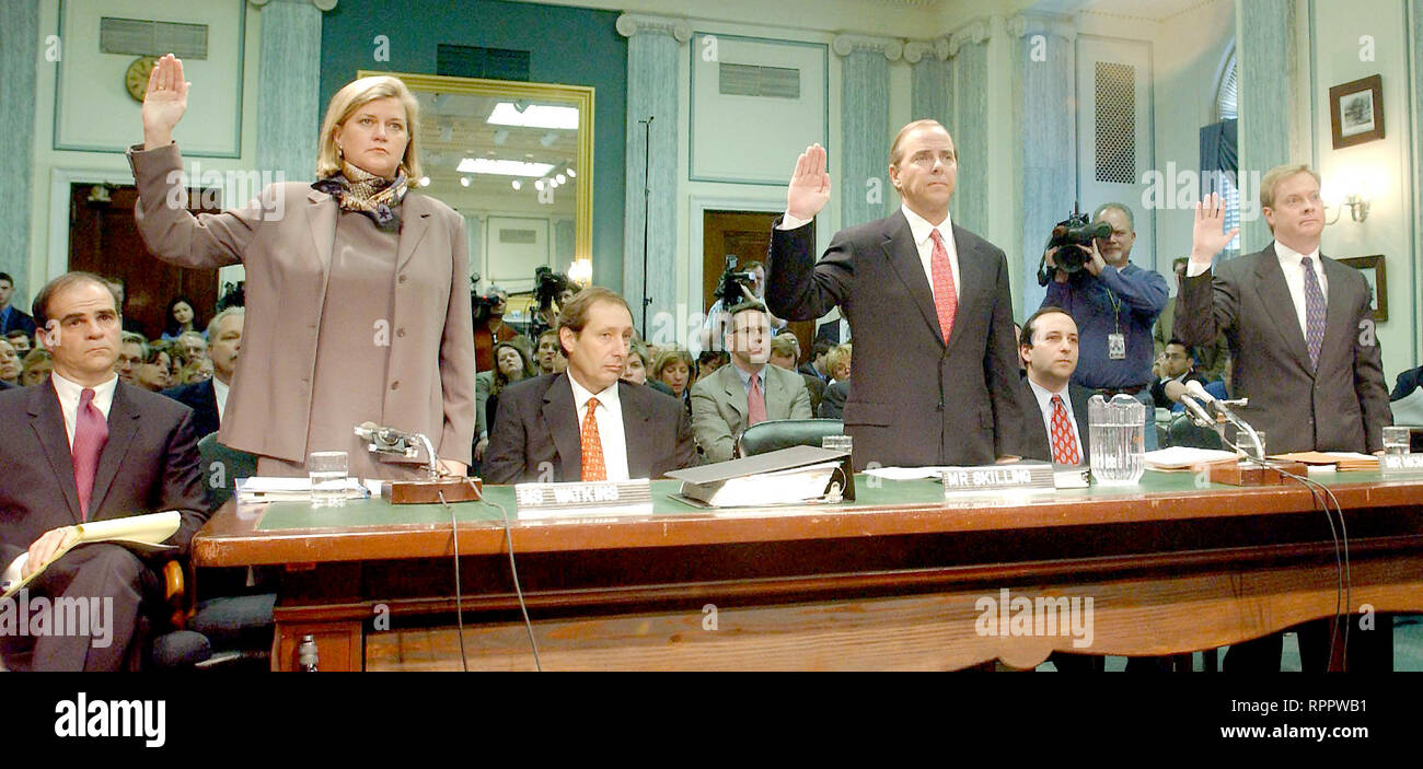 Washington, DC - February 26, 2002 -- Sherron Watkins, Jeffrey Skilling, and Jeffrey McMahon are sworn to testify before the United States Senate Commerce, Science and Transportation Committee to examine certain issues with respect to the collapse of Enron Corporation.Credit: Ron Sachs/CNP | usage worldwide Stock Photo