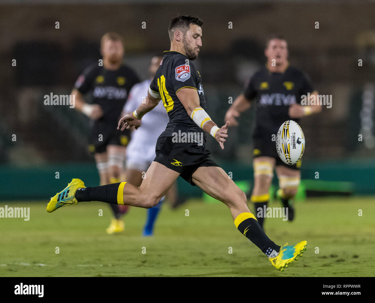 February 22, 2019 Houston SaberCats flyhalf Sam Windsor (10) kicks the ball during the exhibition game between the Toronto Arrows and the Houston SaberCats at Constellation Field, Sugar Land, Texas. Half Time Toronto Arrows are up over the Houston SaberCats 27-10. © Maria Lysaker/Cal Sports Media Stock Photo