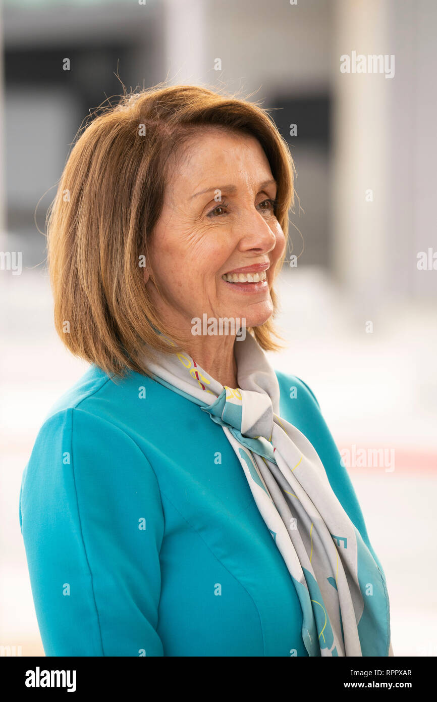 United States House of Representatives Speaker Nancy Pelosi (D-CA) waits to talk to the press at Port of Entry #2 after touring the Texas-Mexico border between Laredo, Texas, and Nuevo Laredo, Tamaulipas, Mexico. Stock Photo