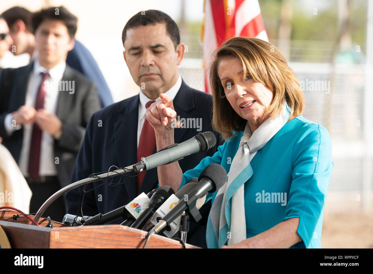 United States House of Representatives Speaker Nancy Pelosi (D-CA), with U.S. Rep. Henry Cuellar (D-Laredo), left, speaks at a press conference at Port of Entry #2 in Laredo, Texas, after touring the Texas-Mexico border between Laredo and Nuevo Laredo, Tamaulipas, Mexico. Stock Photo