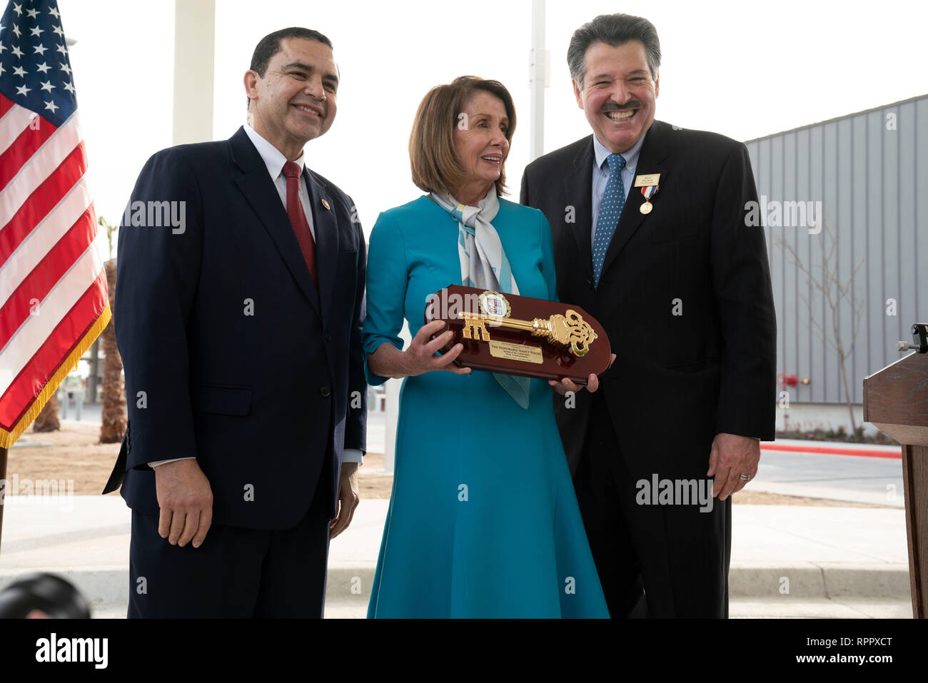 United States House of Representatives Speaker Nancy Pelosi (D-CA), receives a key to the city from Laredo Mayor Pete Saenz, right, and Laredo U.S. Congressman Henry Cuellar during a press conference in Laredo, Texas, after touring the Texas-Mexico border between Laredo and Nuevo Laredo, Tamaulipas, Mexico. Stock Photo