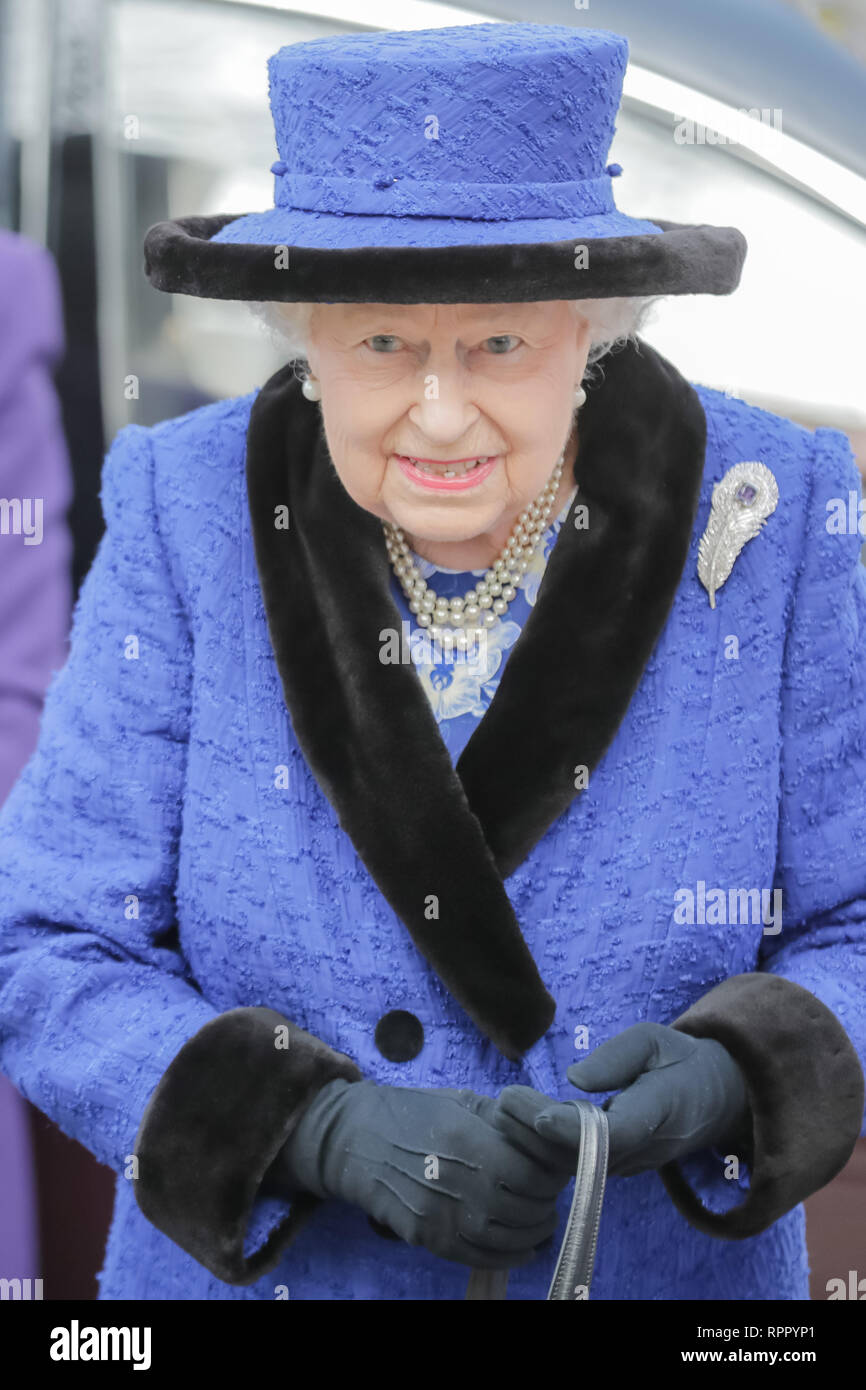 London, UK. 22nd Feb 2019. Her Majesty The Queen, Patron of The Royal Army Chaplains’ Department, attending a service to celebrate the centenary of the granting by King George V of the prefix ‘Royal’ to the department, at The Guards’ Chapel, Wellington Barracks. Friday 22nd February, 2019. Credit: amanda rose/Alamy Live News Stock Photo