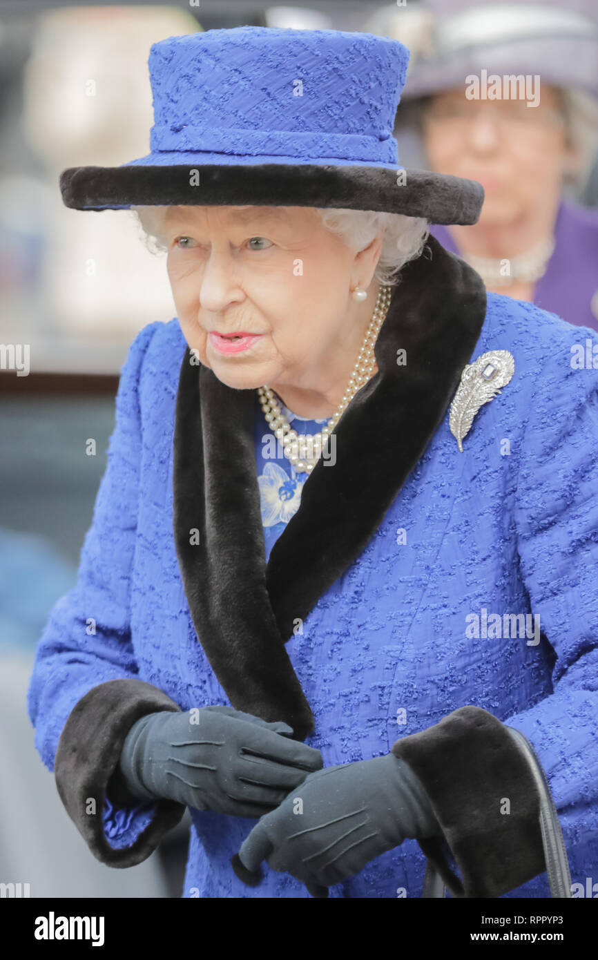 London, UK. 22nd Feb 2019. Her Majesty The Queen, Patron of The Royal Army Chaplains’ Department, attending a service to celebrate the centenary of the granting by King George V of the prefix ‘Royal’ to the department, at The Guards’ Chapel, Wellington Barracks. Friday 22nd February, 2019. Credit: amanda rose/Alamy Live News Stock Photo
