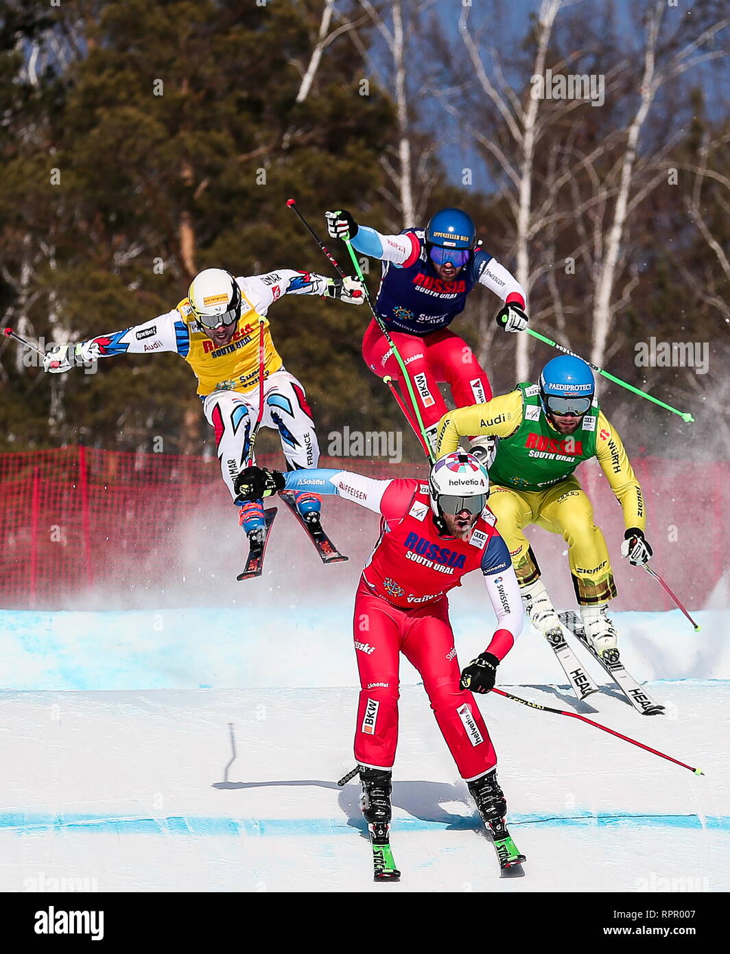 Miass, Russia. 23rd Feb, 2019. Freestyle skiers compete in the ...