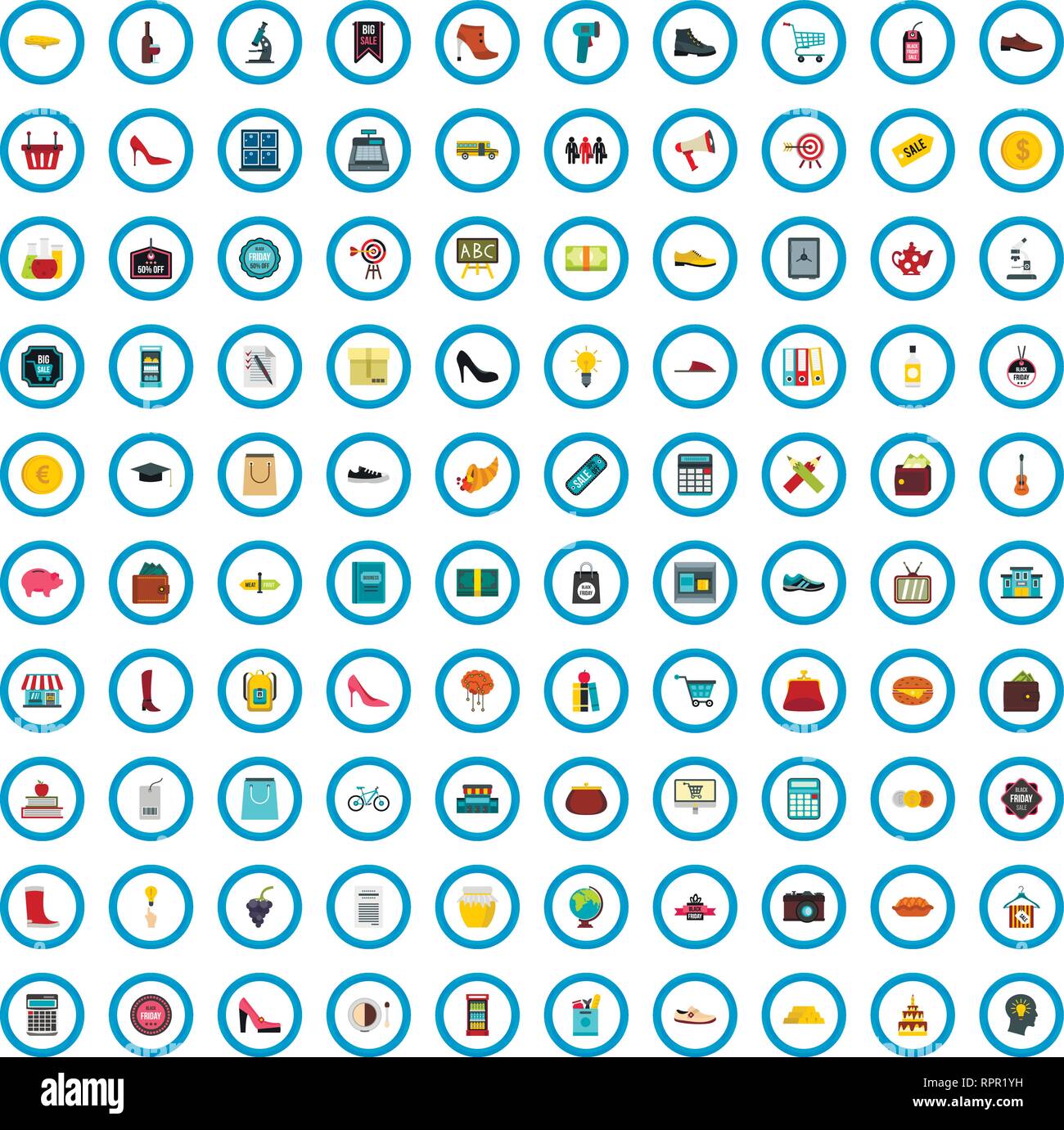 100 buying school icons set, flat style Stock Vector
