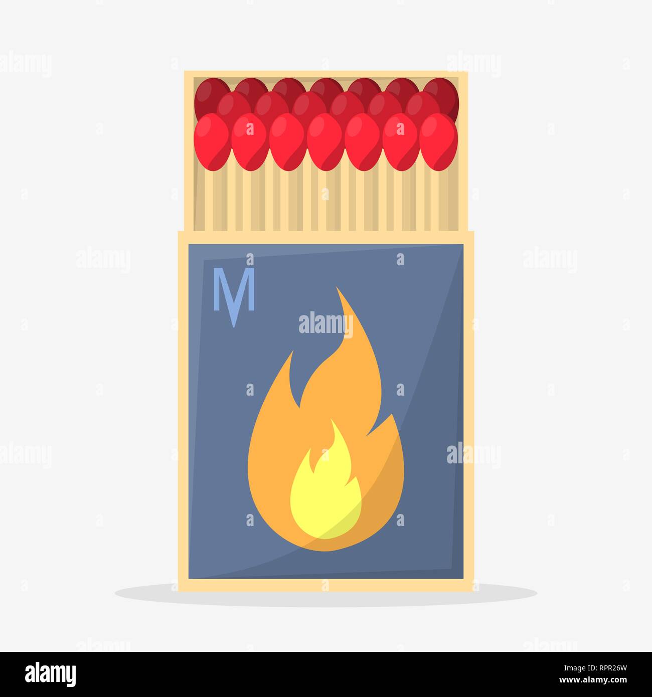 Collection of matches. Burning match with fire, opened matchbox. Flat design style. Stock Vector