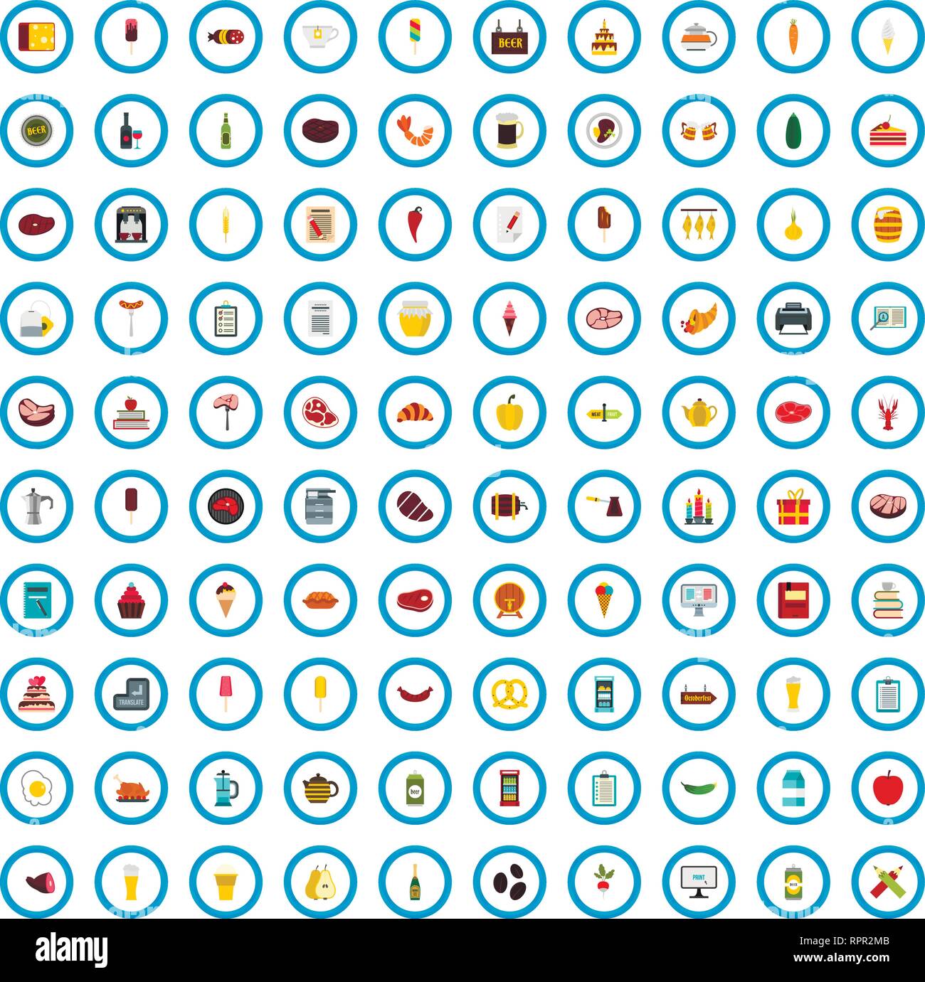 100 cafe essay icons set, flat style Stock Vector