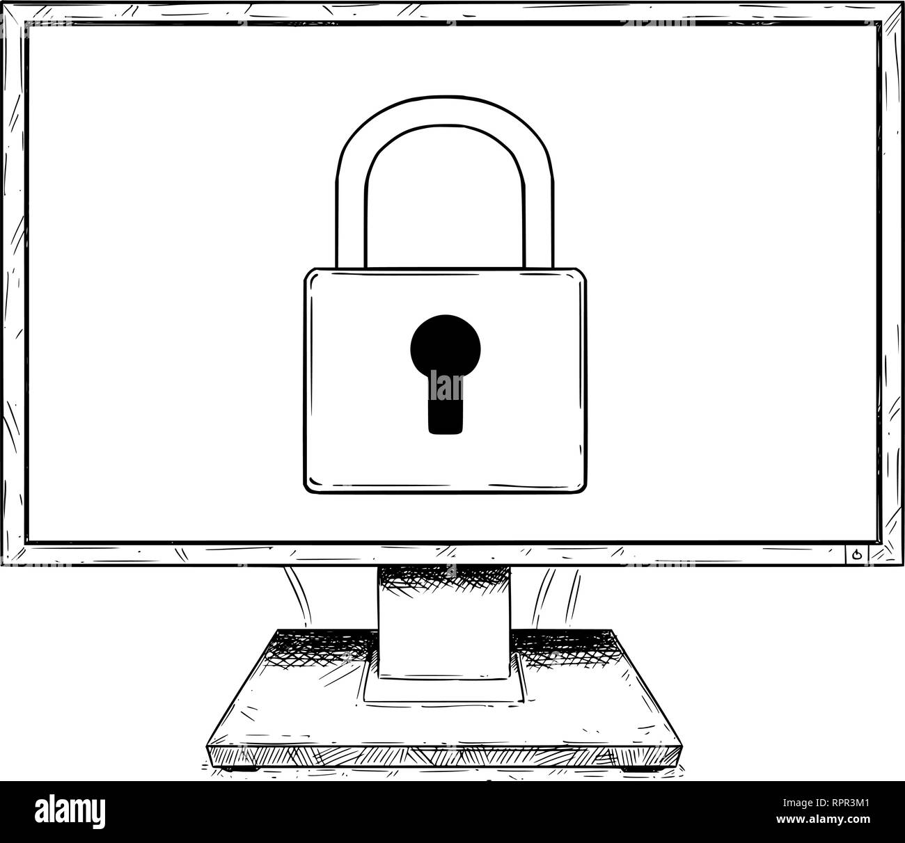 Cartoon Drawing of Computer Display With Lock Symbol Stock Vector