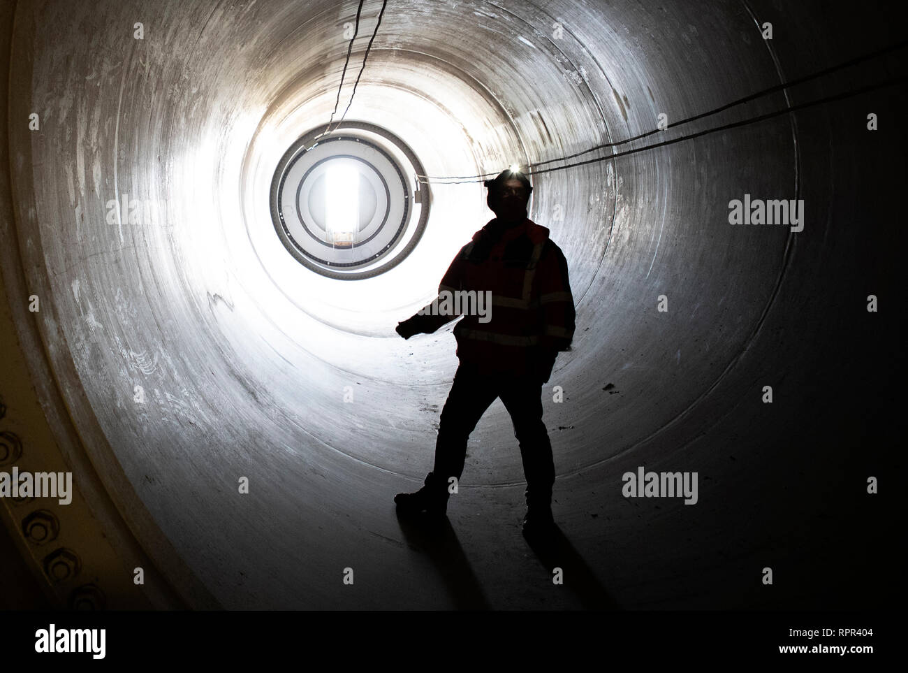 Principal engineer Steven Berry inside the axle of the Falkirk Wheel to see the structure's internal workings. Stock Photo