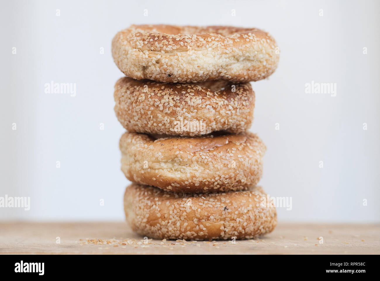 Montreal sesame seed bagels are shown Stock Photo