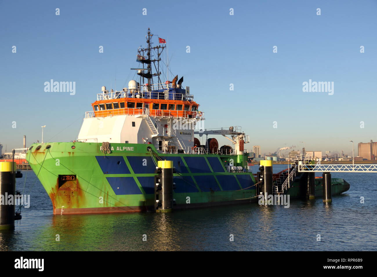 The Offshore tugboat Boka Alpine will be docked in Rotterdam harbor on 15 February 2019. Stock Photo