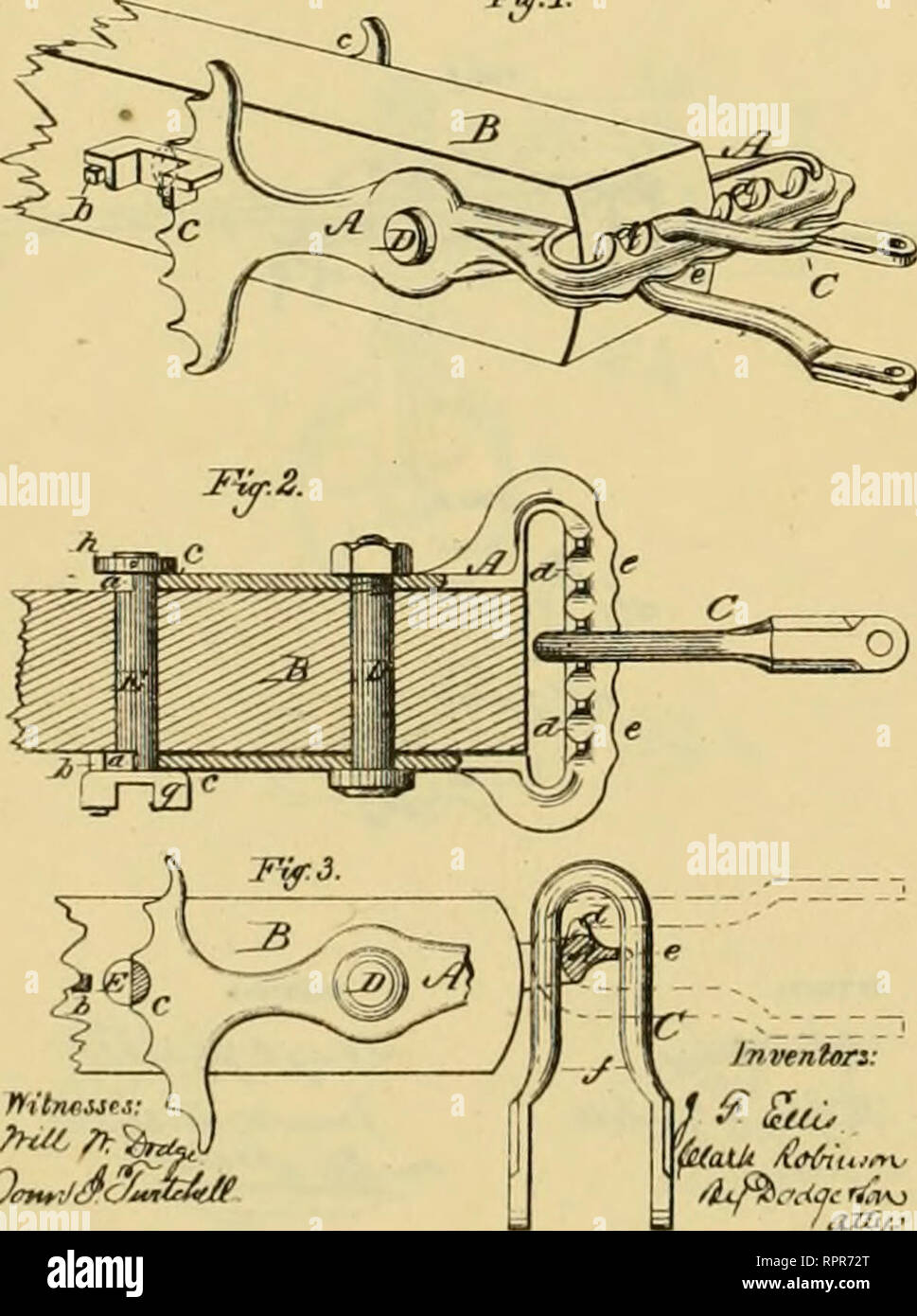 . Allen's digest of plows, with attachments, patented in the United States from A.D. 1789 to January 1883 ... Plows; Patents. -PV^ J^J DTTINTOJl- No. 206.167 J. F. ELLIS &amp; C EOBINSON. Flow-CleviB. Patented July 23, 1878. W. E. WHITCOMB. Plow. No. 206,511. Patented July 30, 1878. TIf.l. ht/t. A. Please note that these images are extracted from scanned page images that may have been digitally enhanced for readability - coloration and appearance of these illustrations may not perfectly resemble the original work.. Allen, James T. (James Titus). [Washington, D. C. , Joseph Bart, Printer Stock Photo