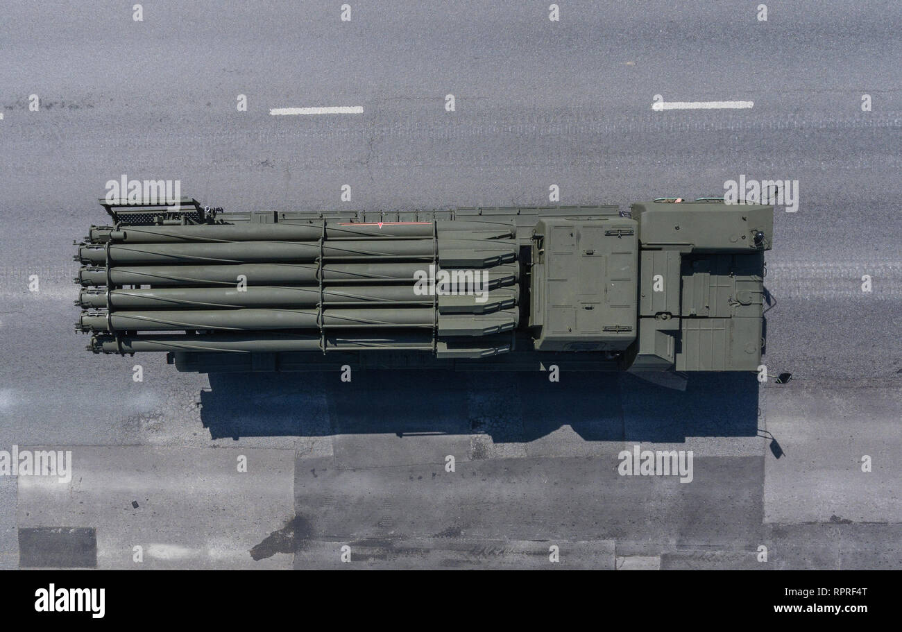 Moscow, May 9, 2018. Combat vehicle MLRS 'Smerch' returns from the Red Square after the Victory Day Parade, top view. Stock Photo