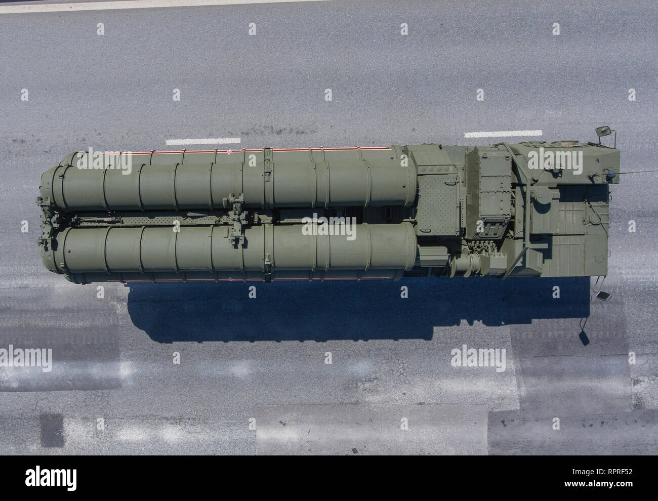 Moscow, May 9, 2018. S-400 Triumf launch vehicle on the chassis of MZKT-543M returns from the Red Square after the Victory Day Parade, top view. Stock Photo