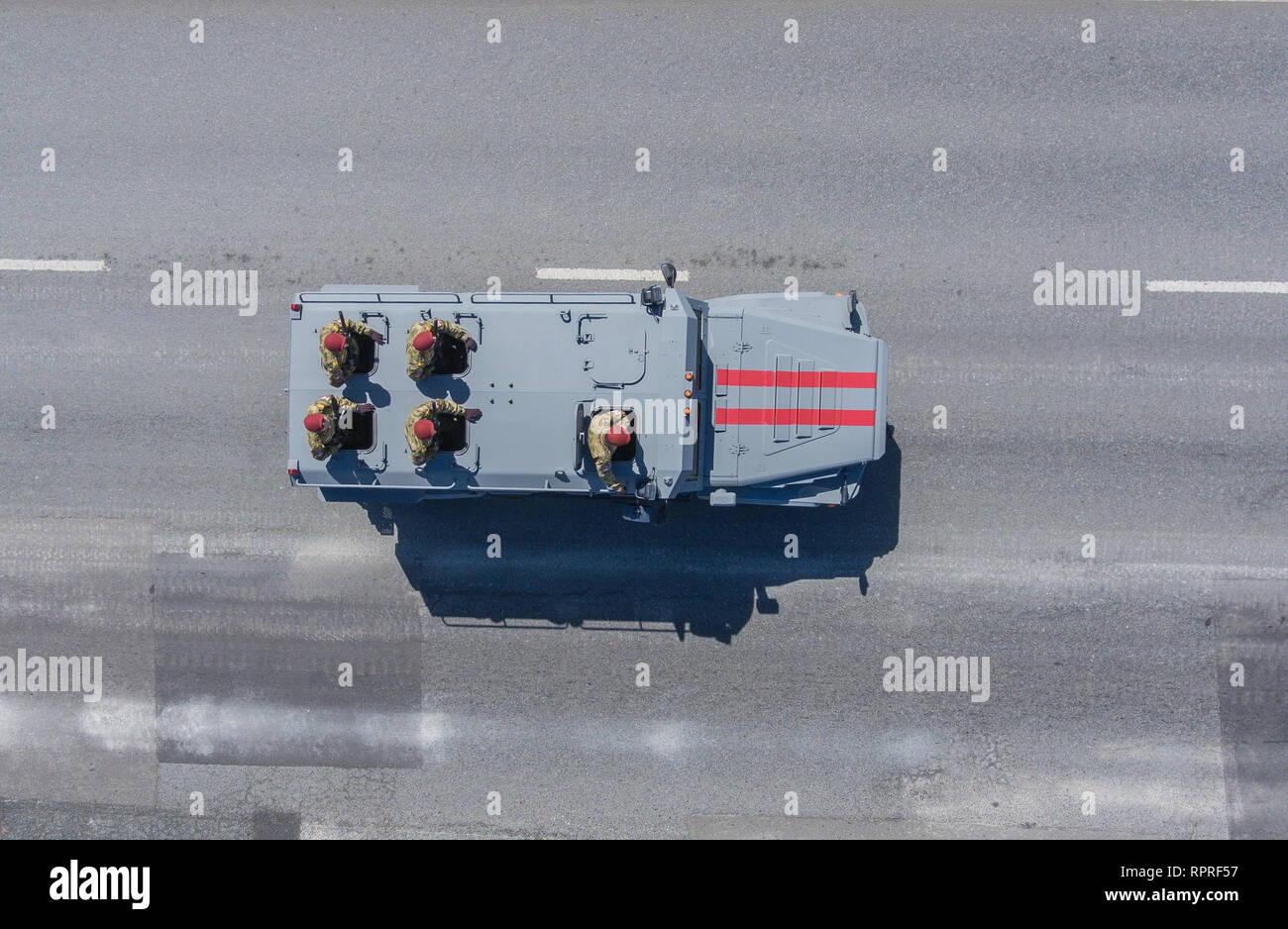 Moscow, May 9, 2018. Armored vehicle KamAZ-435029 Patrol-A  of the National Guard returns from the Red Square after the Victory Day parade, top view Stock Photo