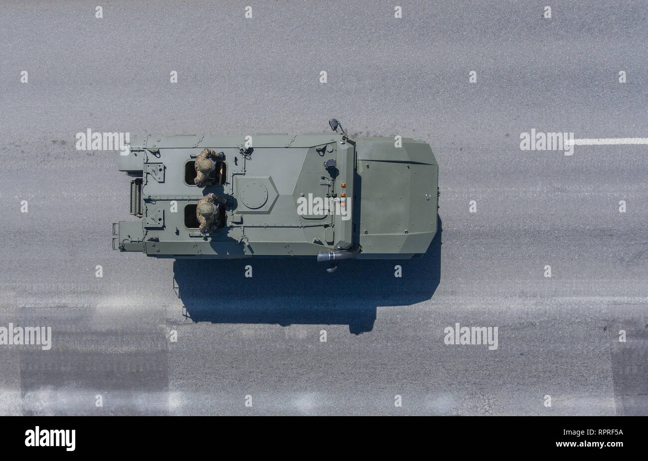 Moscow, May 9, 2018. Armored vehicle KamAZ-53949 Typhoon-K returns from the Red Square after the Victory Day Parade, top view. Stock Photo