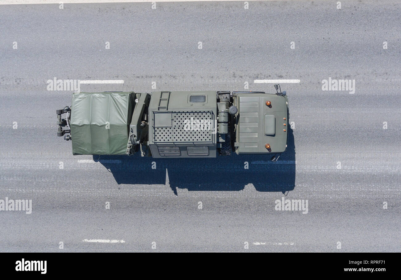 Moscow, May 9, 2018. REM-KL based on Ural-5323, returns from the Red Square after the Victory Parade, top view. Stock Photo