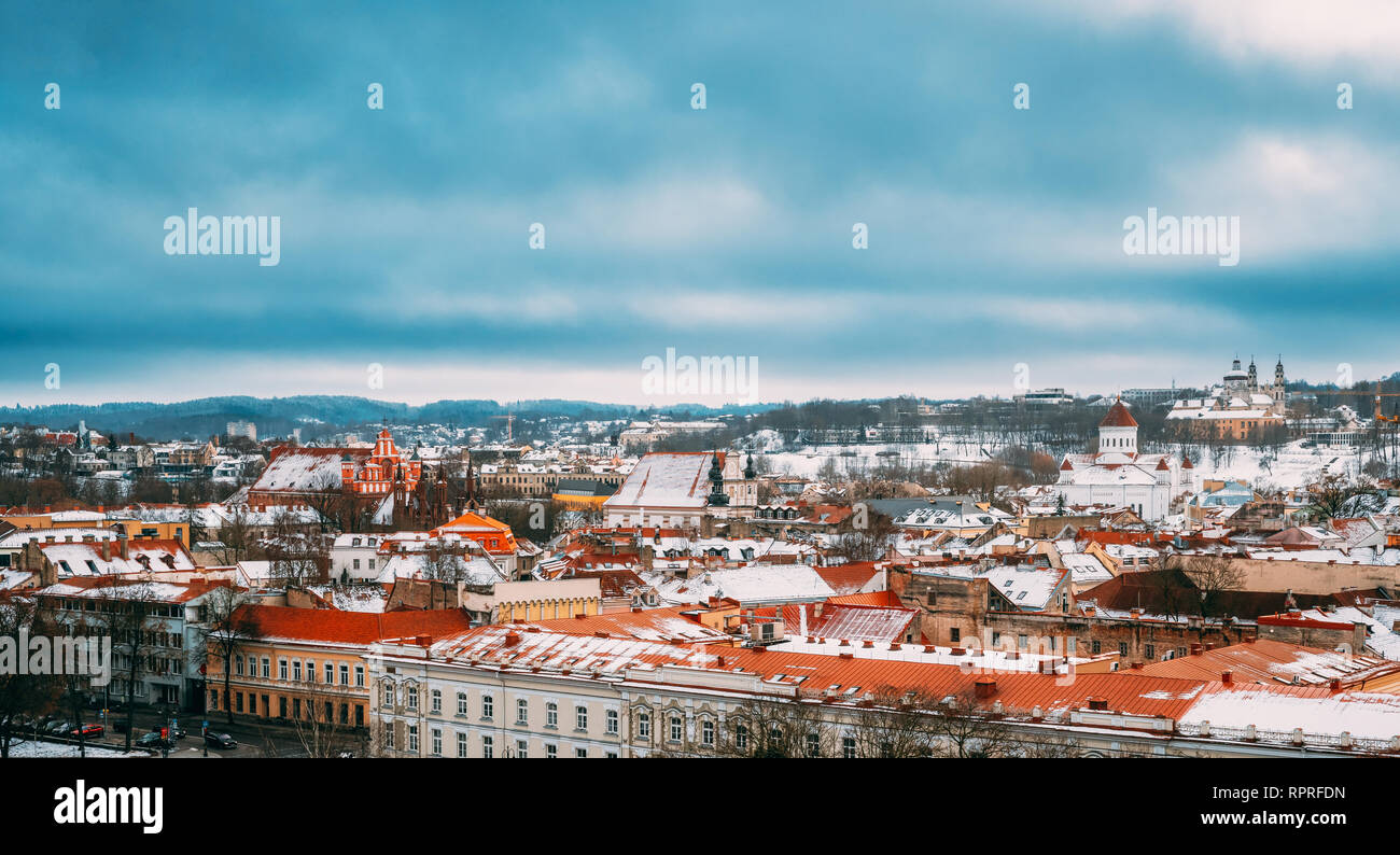 Vilnius, Lithuania, Eastern Europe. Old Town Historic Center Cityscape Skyline In Cloudy Winter Day. Destination Scenic. UNESCO World Heritage. Stock Photo