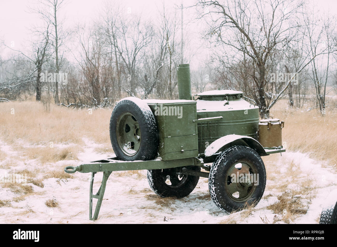 Russian Soviet World War II Field Kitchen In Winter Forest. WWII