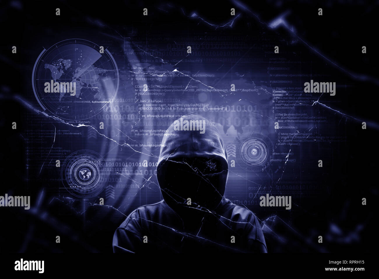 Internet crime concept. Hacker working on a code on dark digital ...