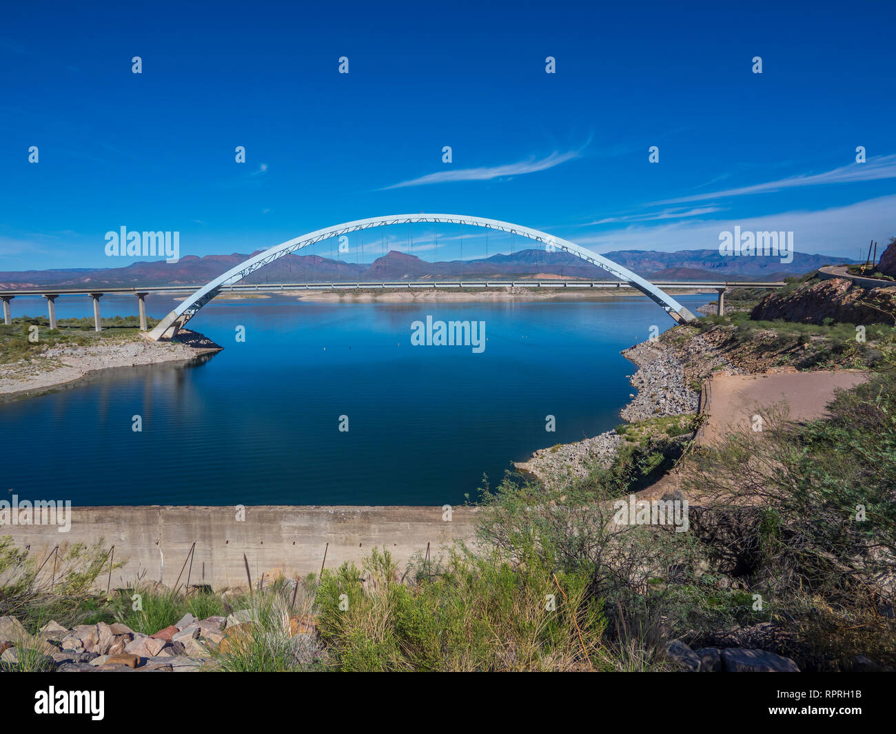 Arch bridge behind Theodore Roosevelt Dam, Arizona Highway 188 north of Globe, Arizona. Stock Photo