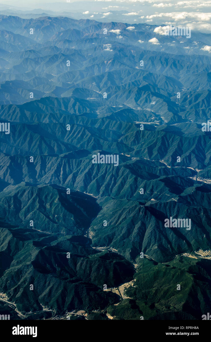 Mountains in Tokushima Prefecture viewed from the air, Shikoku, Japan Stock Photo