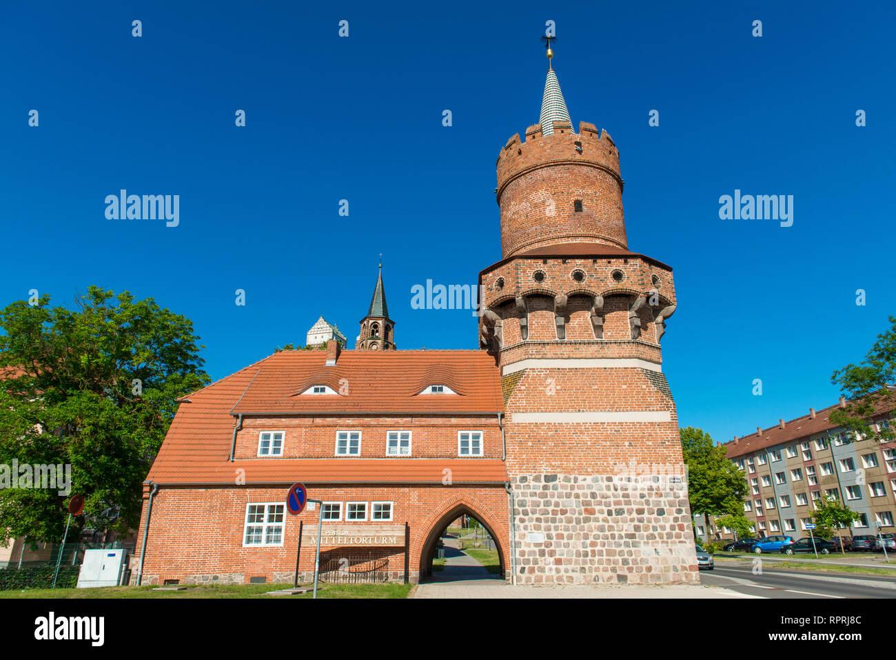 Tower at the city wall Mitteltorturm, Prenzlau, Uckermark, Brandenburg, Germany Stock Photo
