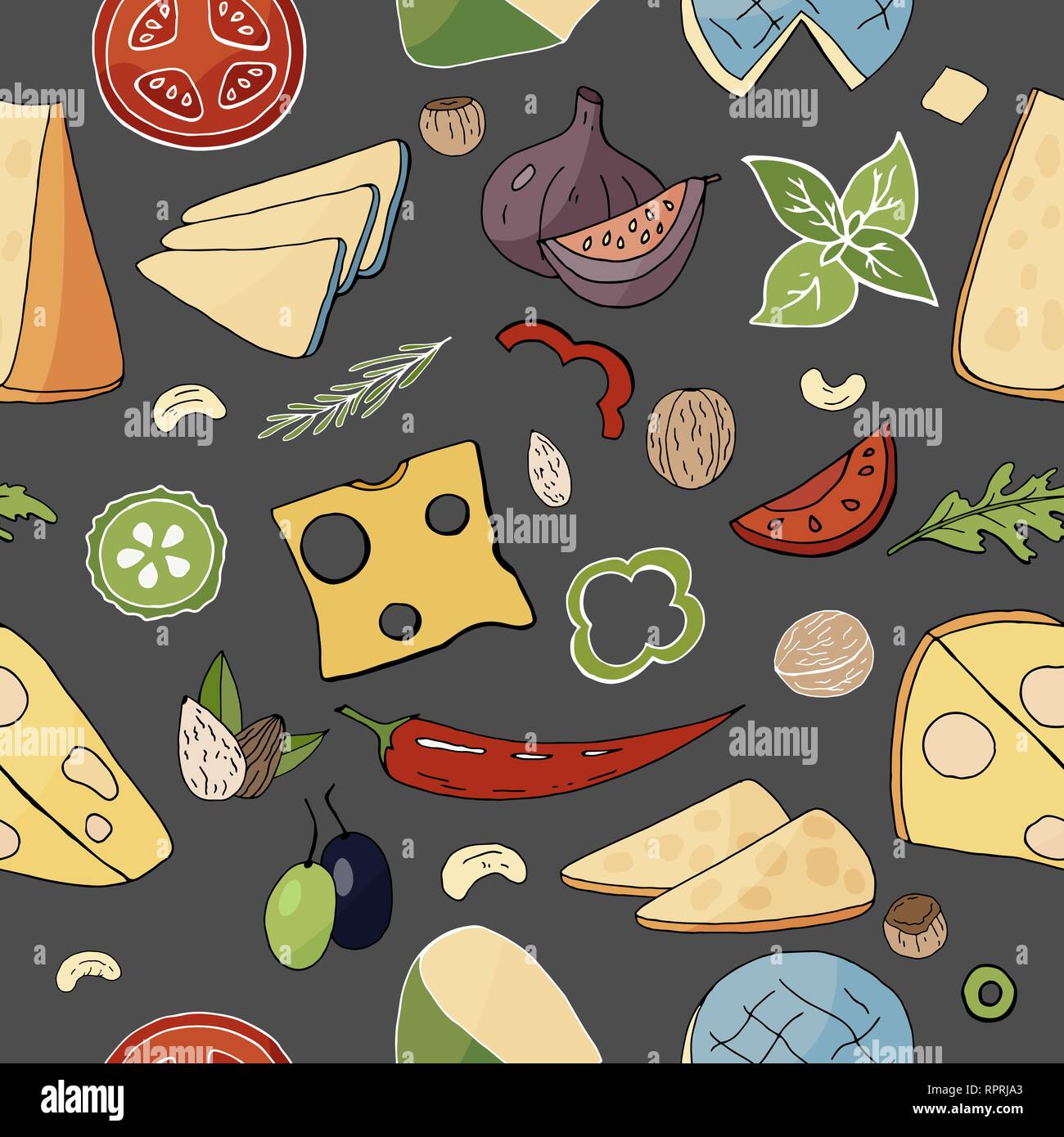 Seamless food pattern with cheese and vegetables elements. Vector doodle food pattern Stock Vector