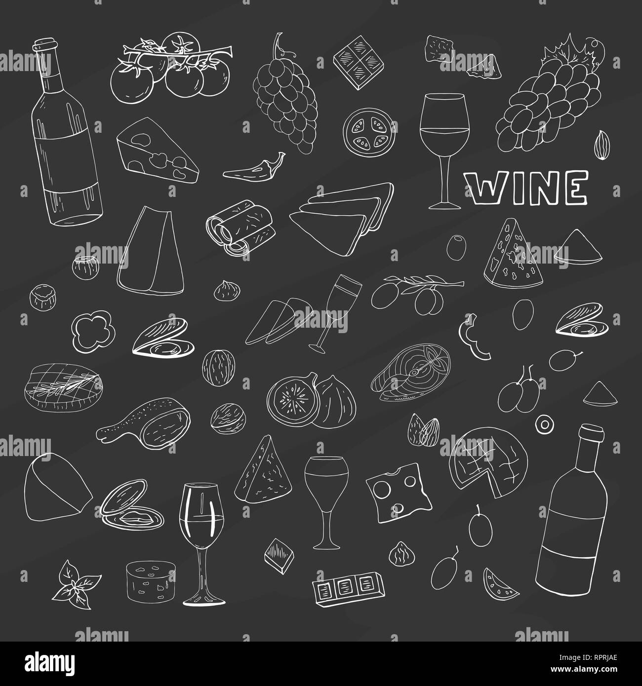 Set of hand drawn elements: wine, galsses and different food on black background. Vector doodle wine collection for cafe menu. Stock Vector