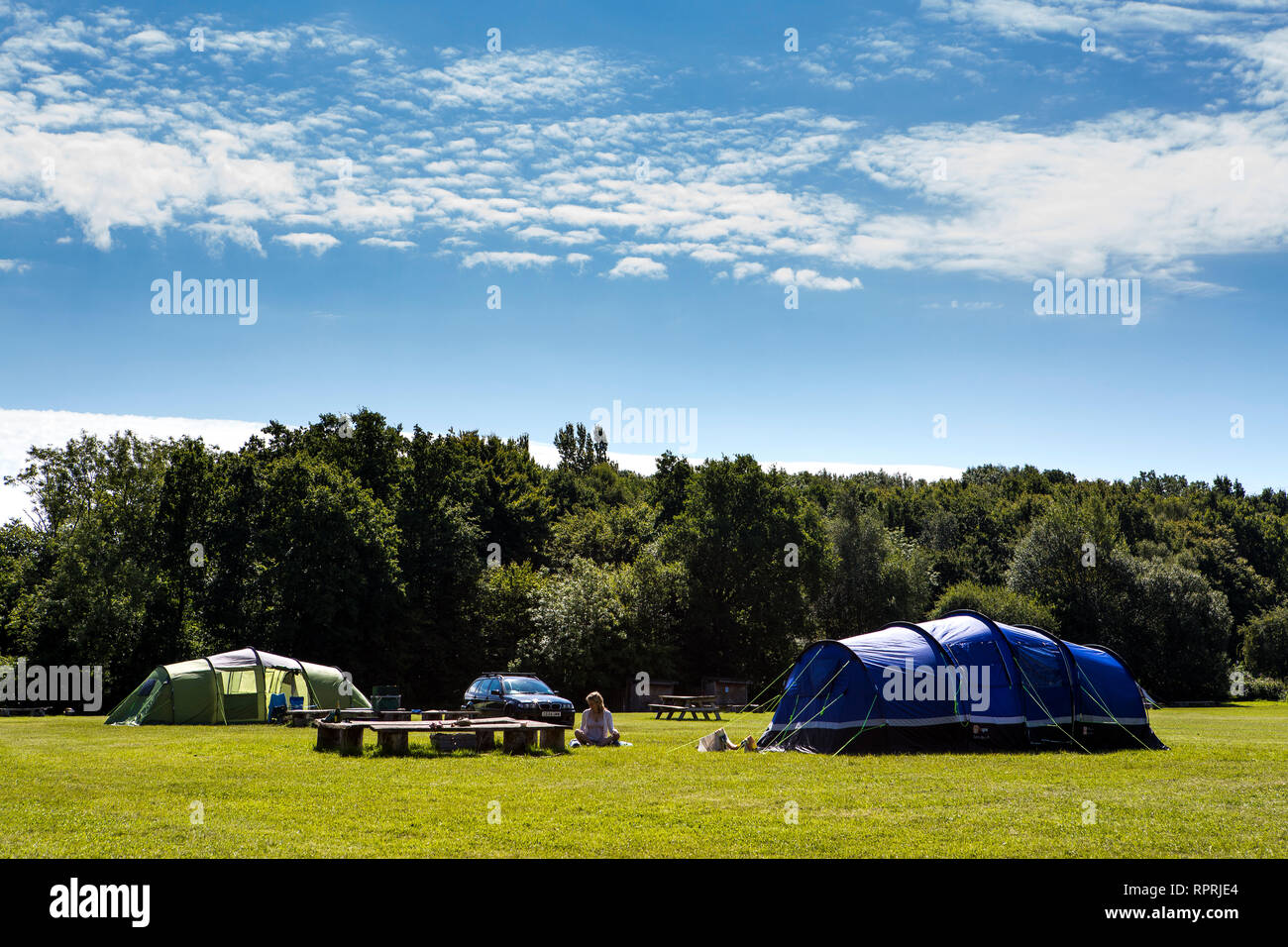 Summer camping scene at a Sussex campsite, UK Stock Photo