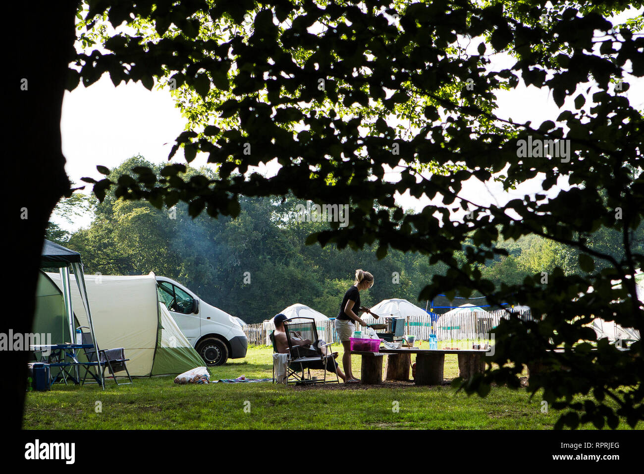 Summer camping scene at a Sussex campsite, UK Stock Photo