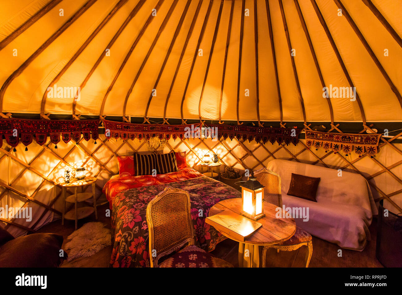 Cosy yurt interior - glamping in Sussex Stock Photo
