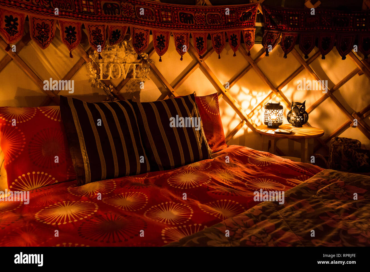 Cosy yurt interior - glamping in Sussex Stock Photo