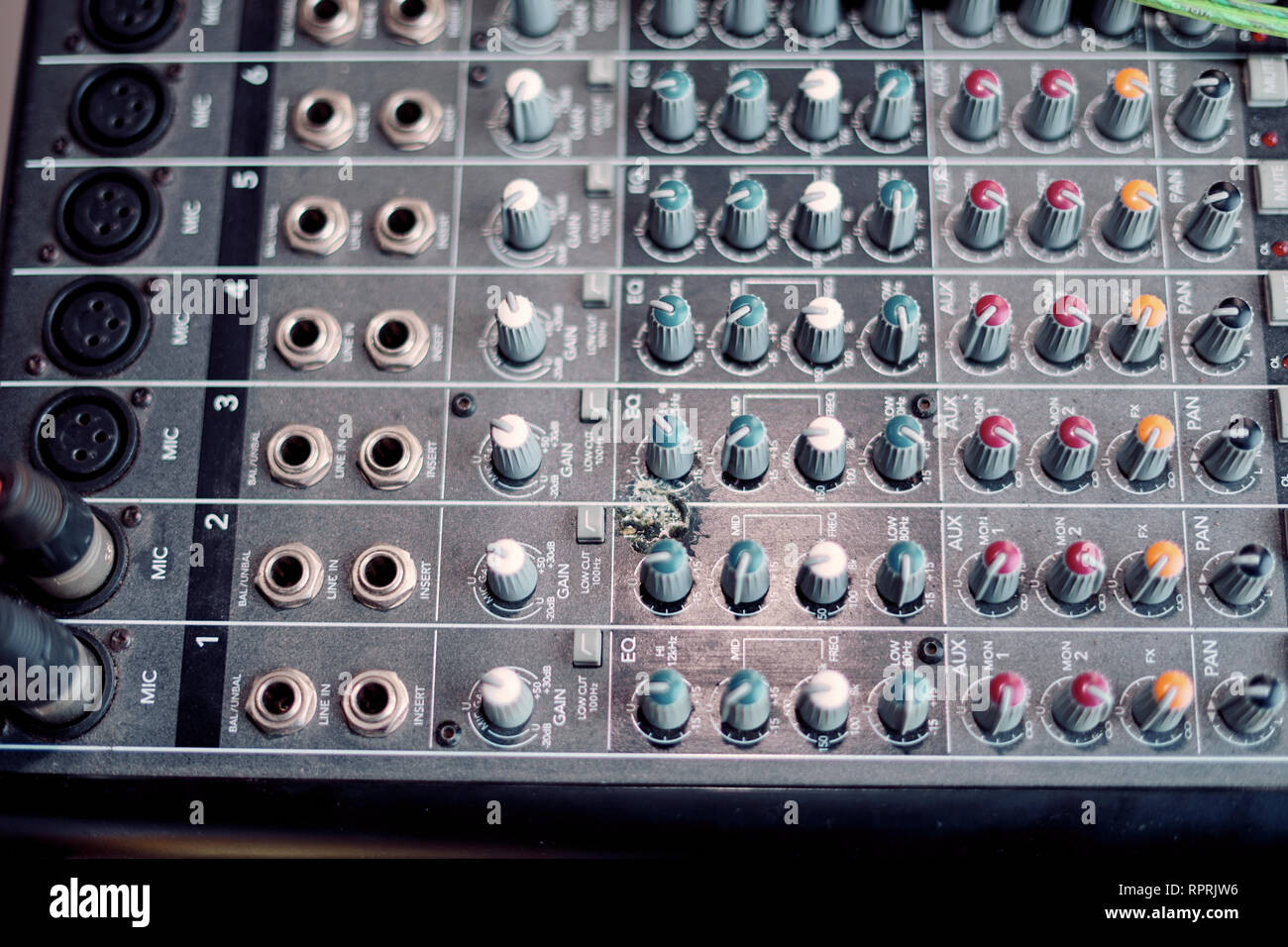 Old Panel of audio mixing console Stock Photo -