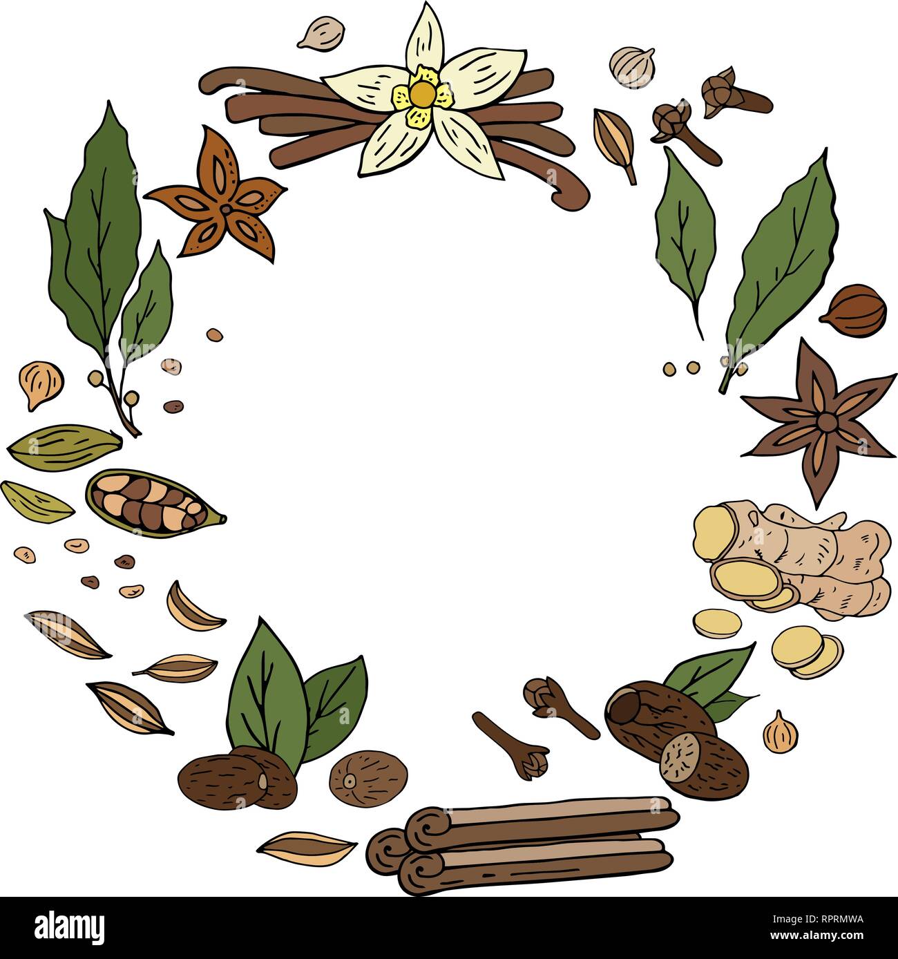 Vector hand drwan spices wreath isolated on white background Stock Vector