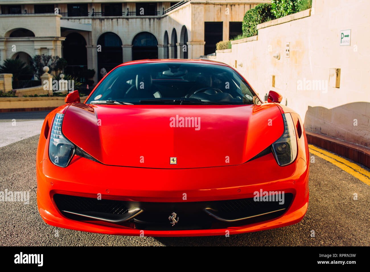 Ferrari show 8 october 2016 in Valletta, Malta, near Grand Hotel Excelsior. Front view of red Ferrari 458 Spider Stock Photo