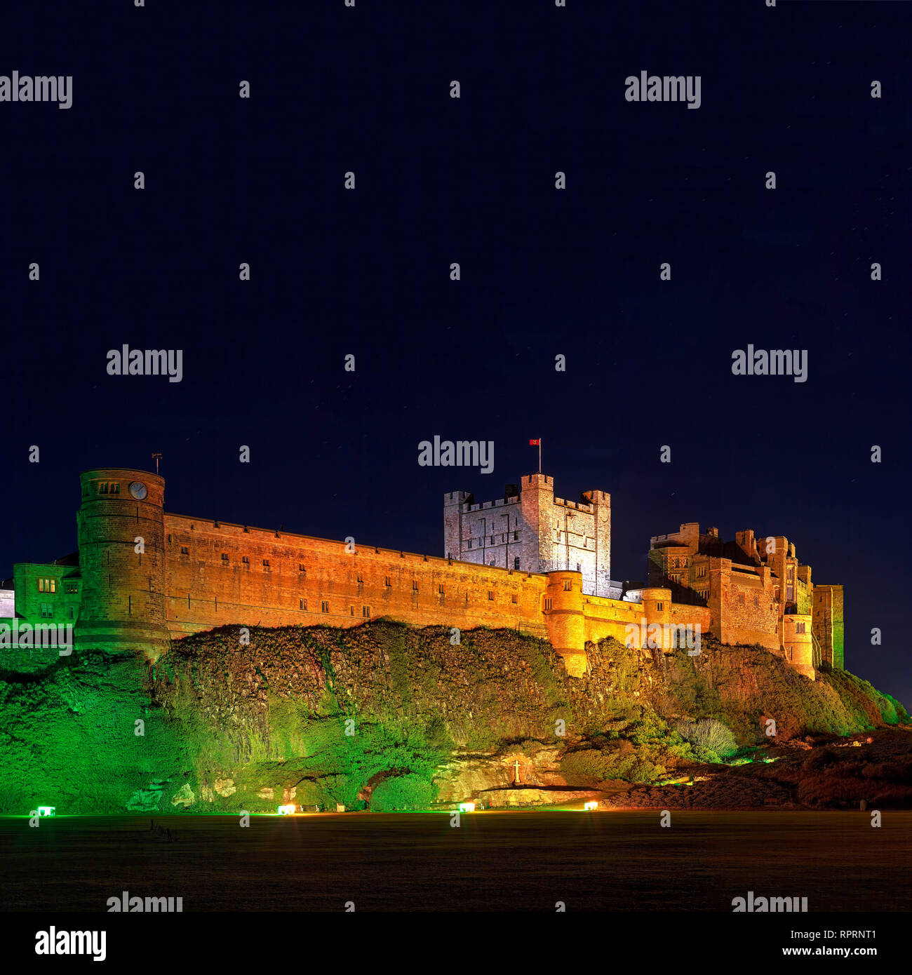 Bamburgh Castle at night, Bamburgh, Northumberland, england, United Kingdom Stock Photo