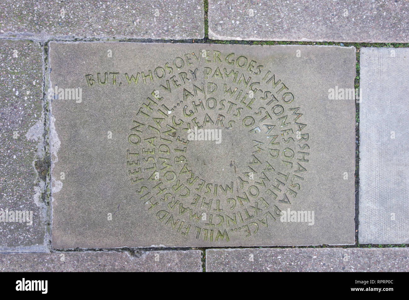 Charles Dickens' heroine, Little Dorrit, commemorated on a paving stone outside the former Marshalsea prison in Southwark, London, UK Stock Photo