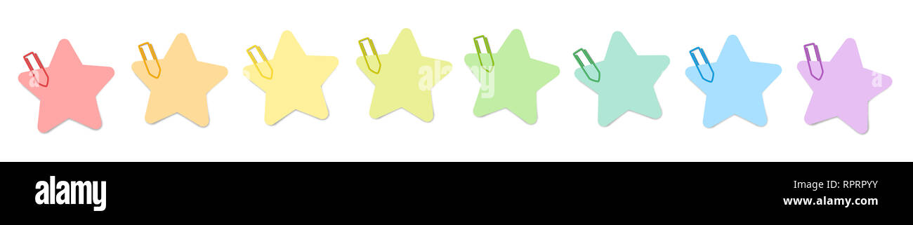 Star shaped colorful notes with colored paper clips - illustration over white background. Stock Photo