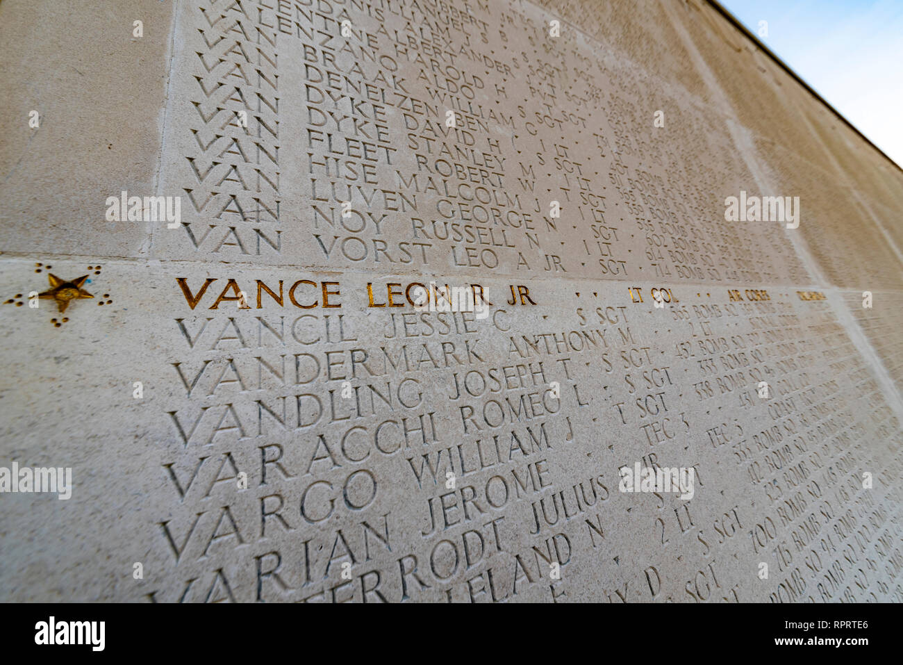 Wall of the Missing. Cambridge American Cemetery near Madingley, Cambridgeshire, UK. Thousands of US servicemen missing in action. Leon Vance Stock Photo