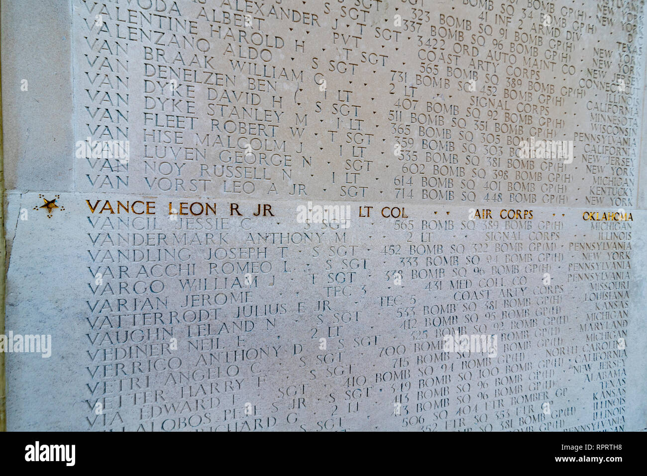 Wall of the Missing. Leon Vance. Cambridge American Cemetery near Madingley, Cambridgeshire, UK. Thousands of US servicemen missing in action Stock Photo