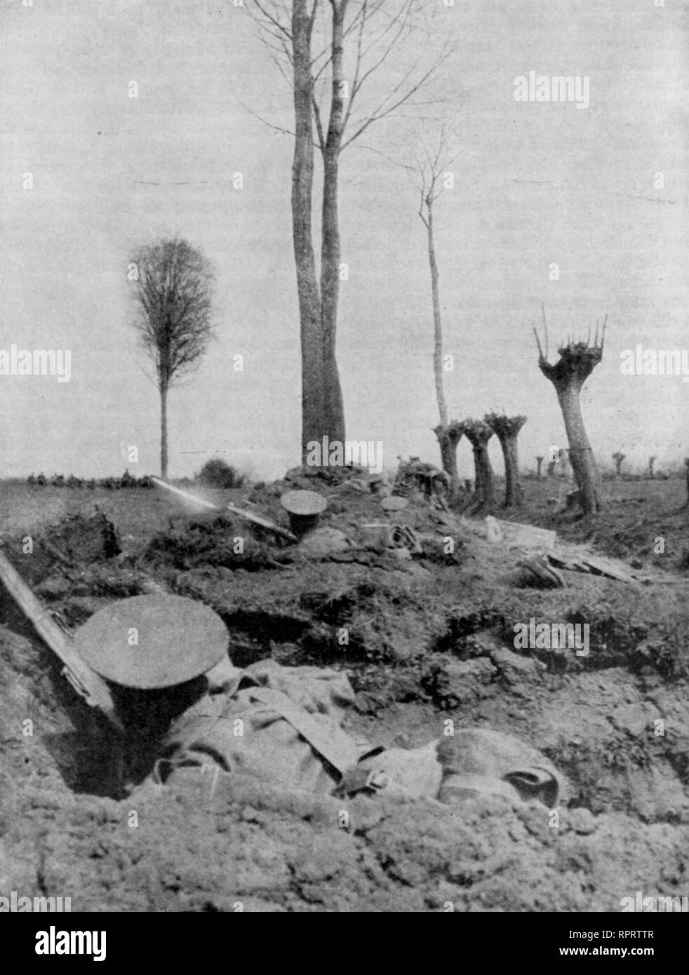 'Shallow trench', fighting in the early days of the war, near Ypres, c1914. A German advance against British trenches, held by the King's Liverpool Regiment. Shallow trench, fighting in the early days of the war, near Ypres. A German advance against British trenches, held by the King's Liverpool Regiment. Stock Photo