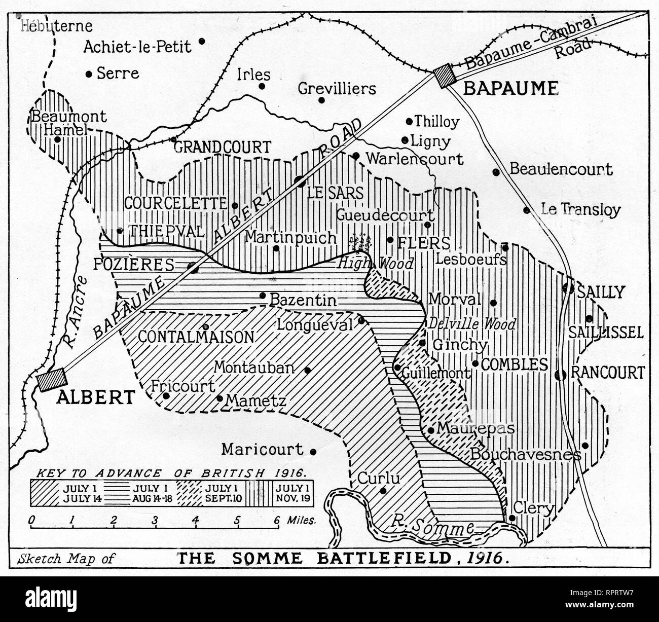 A map of the Somme Battlefield, 1916. The Battle of the Somme, also known as the Somme Offensive, was a battle of the World War I fought by the armies of the British Empire and French Third Republic against the German Empire. It took place between 1st July and 18th November 1916. Stock Photo