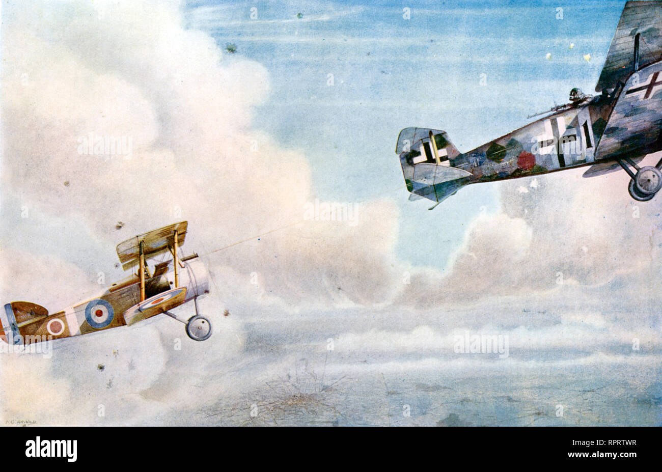 The Blind Spot: British Sopwith Camel and a German Hannover two-seater fighter, c1914. By Norman G. Arnold (1892-1963). Two WWI aircraft engaged in a dog-fight. Stock Photo