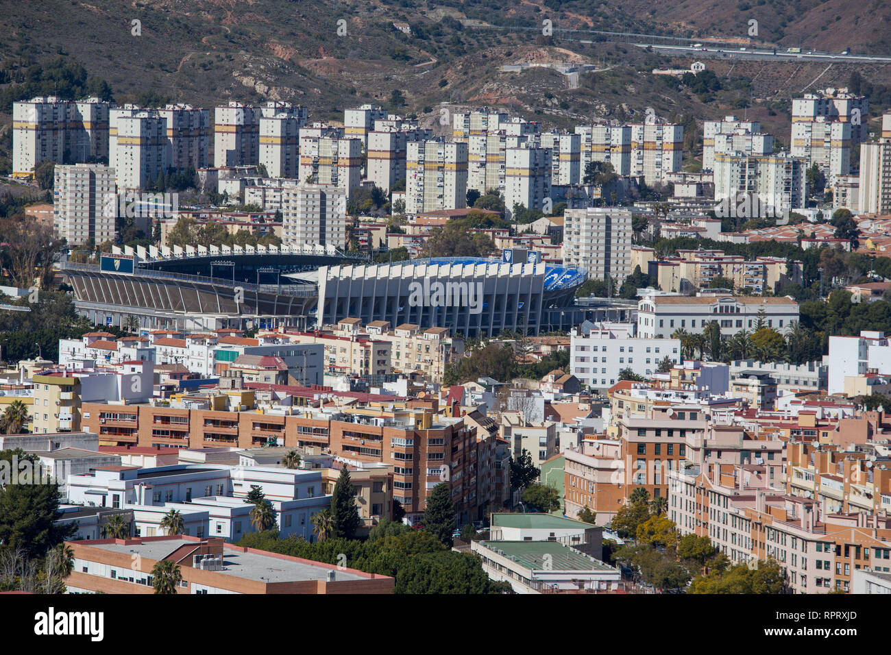 A long distance view of La Rosaleda Stadium home of Málaga Club de Fútbol who play in the second division of La Liga in Southern Spain Stock Photo