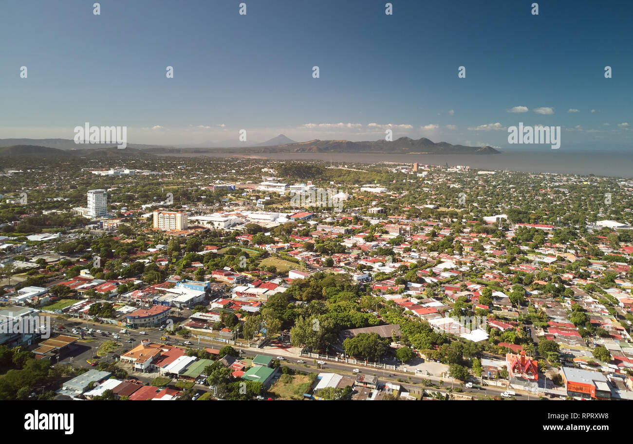 Bright day in Managua town cityscape aerial drone view Stock Photo