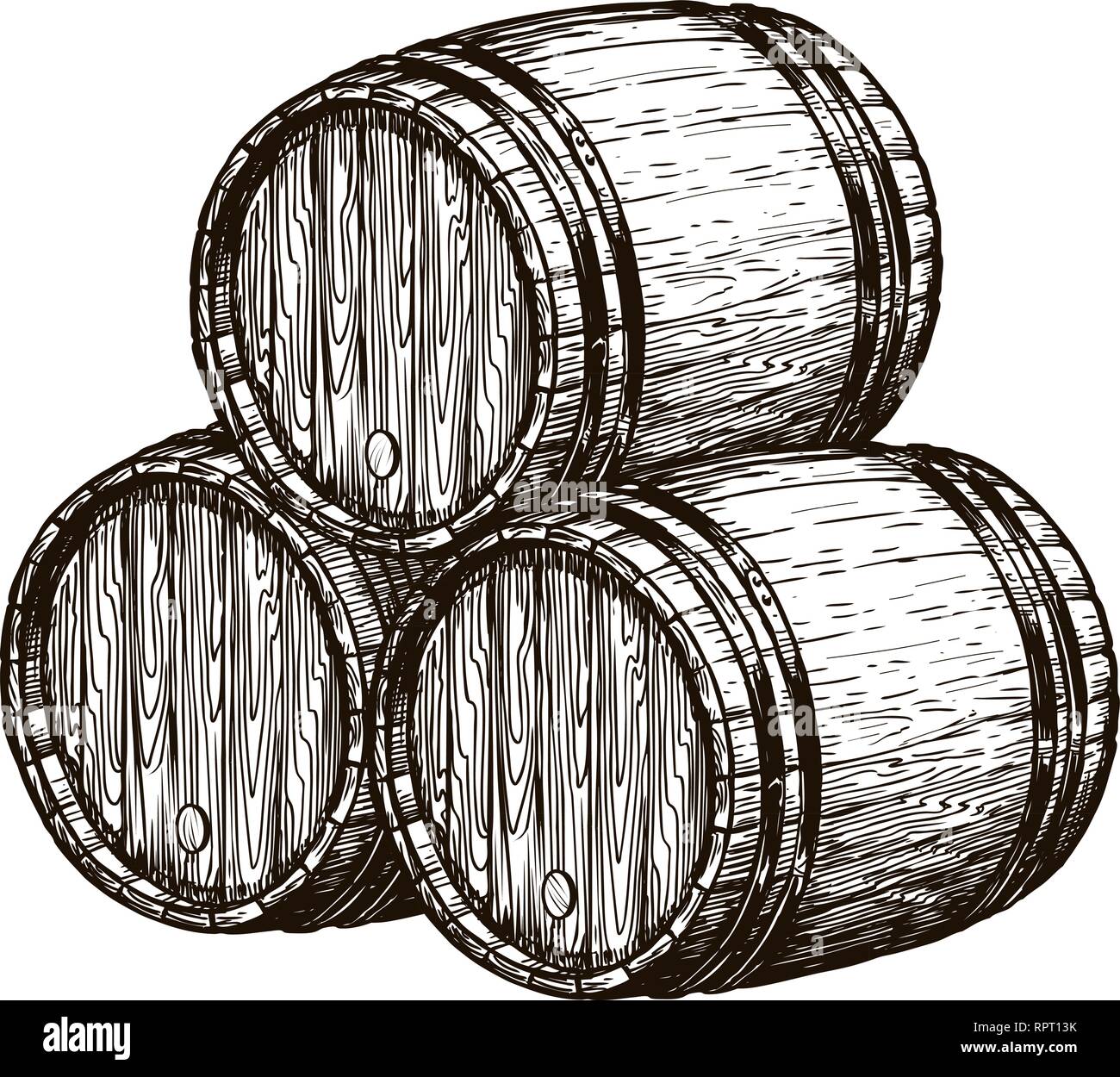Wooden wine barrels. Winemaking, wine cellar, alcoholic drink sketch