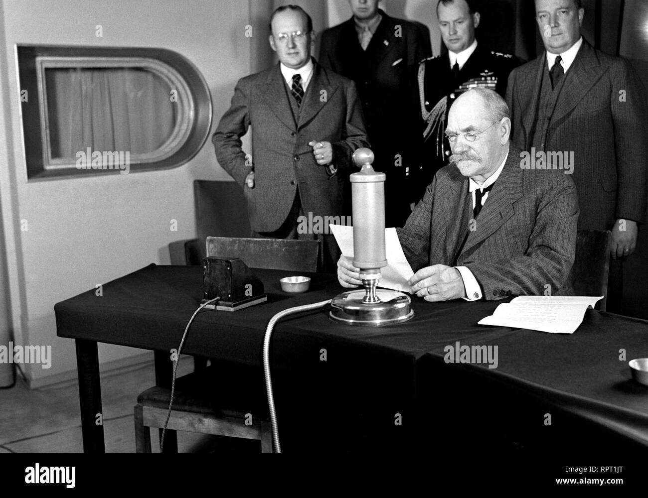 President Pehr Evind Svinhufvud in a radio studio giving a speech to honour Yleisradio's 10th anniversary, 1936. Stock Photo